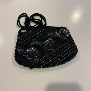 Black and Navy Blue Sequin Floral Crossbody Evening Bag